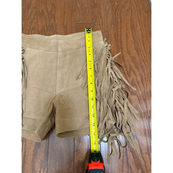 Maje Izmir Tan Suede Fringe Western Festival Shorts High Waisted Boho Tan  s 25 - Picture 3 of 5
